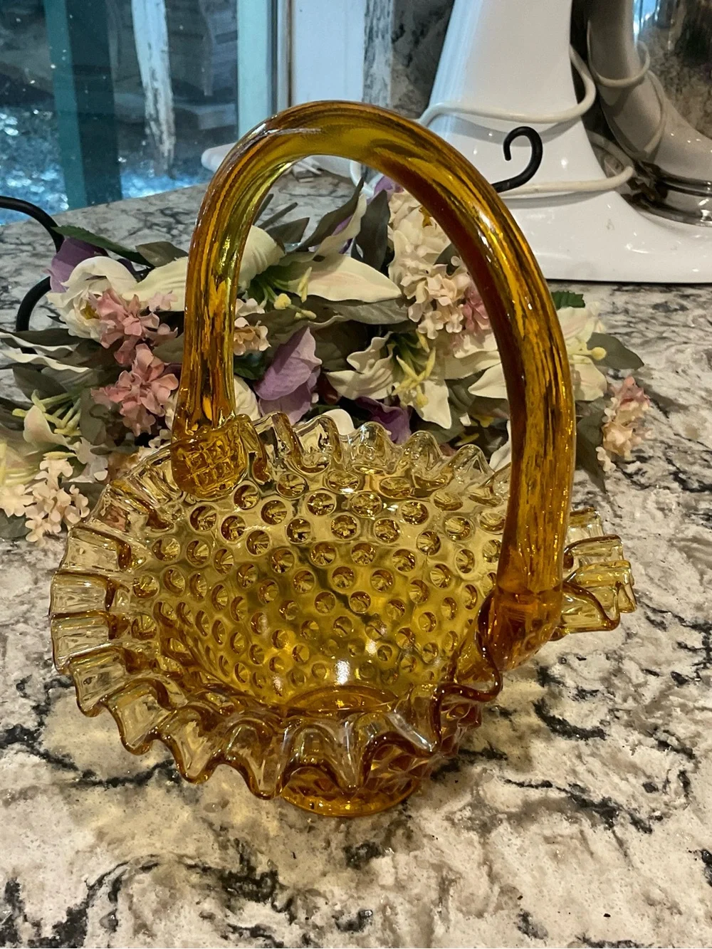 BP-Fenton Amber Hobnail Glass Basket with Ruffled Edge 8 IN.